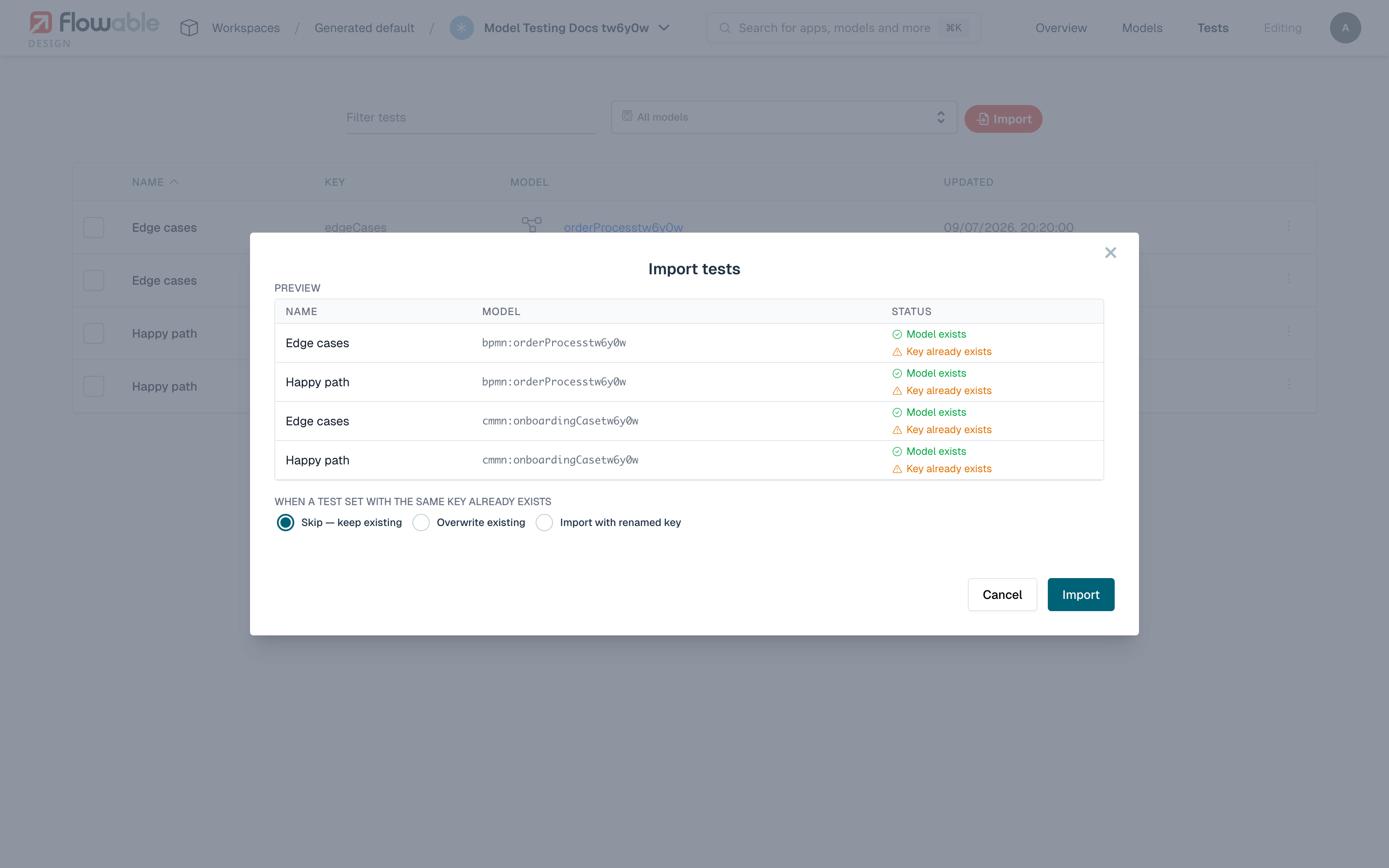 Importing tests: preview and conflict handling