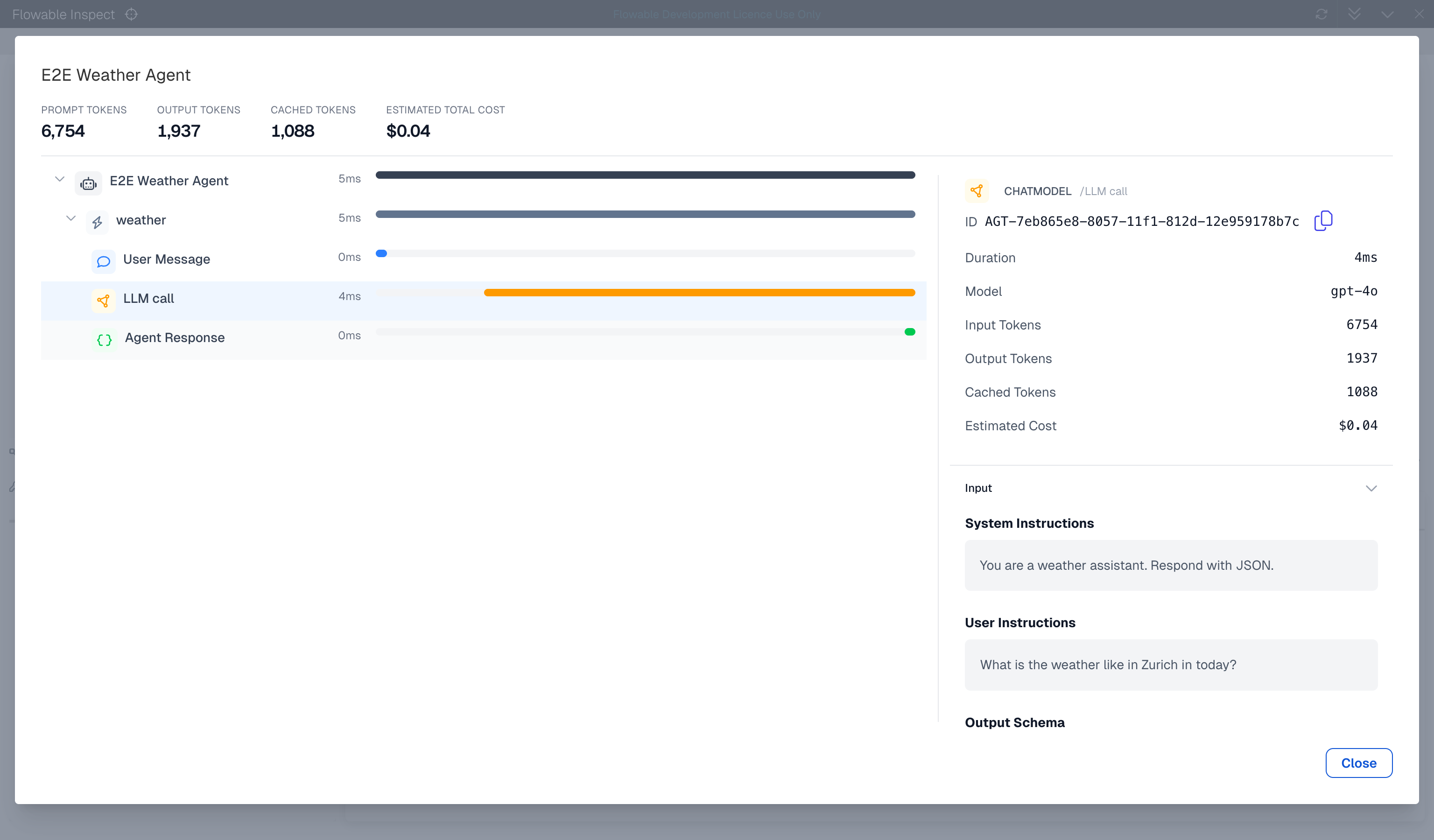 The detail of an LLM exchange in an agent instance timeline