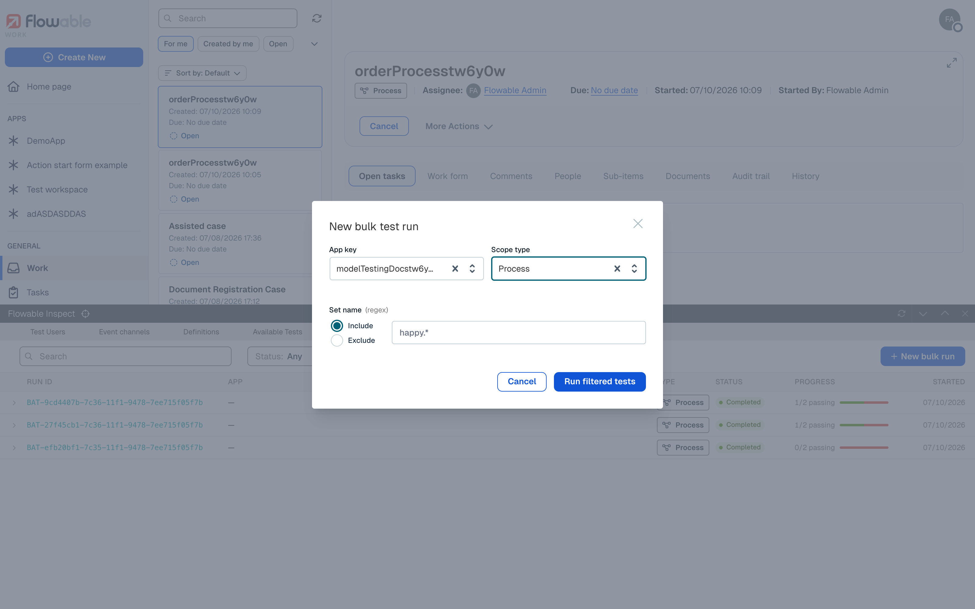 Starting a bulk test run in Flowable Inspect