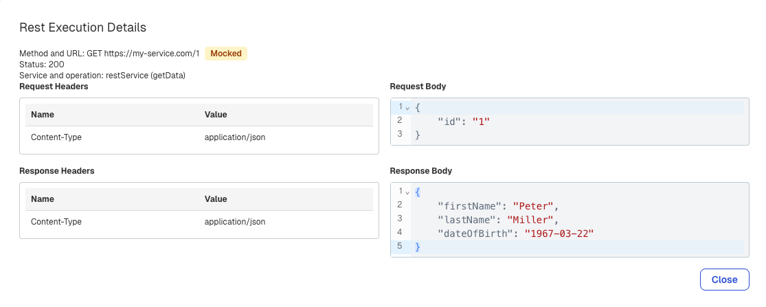 A service call marked as mocked in the REST execution details in Flowable Inspect