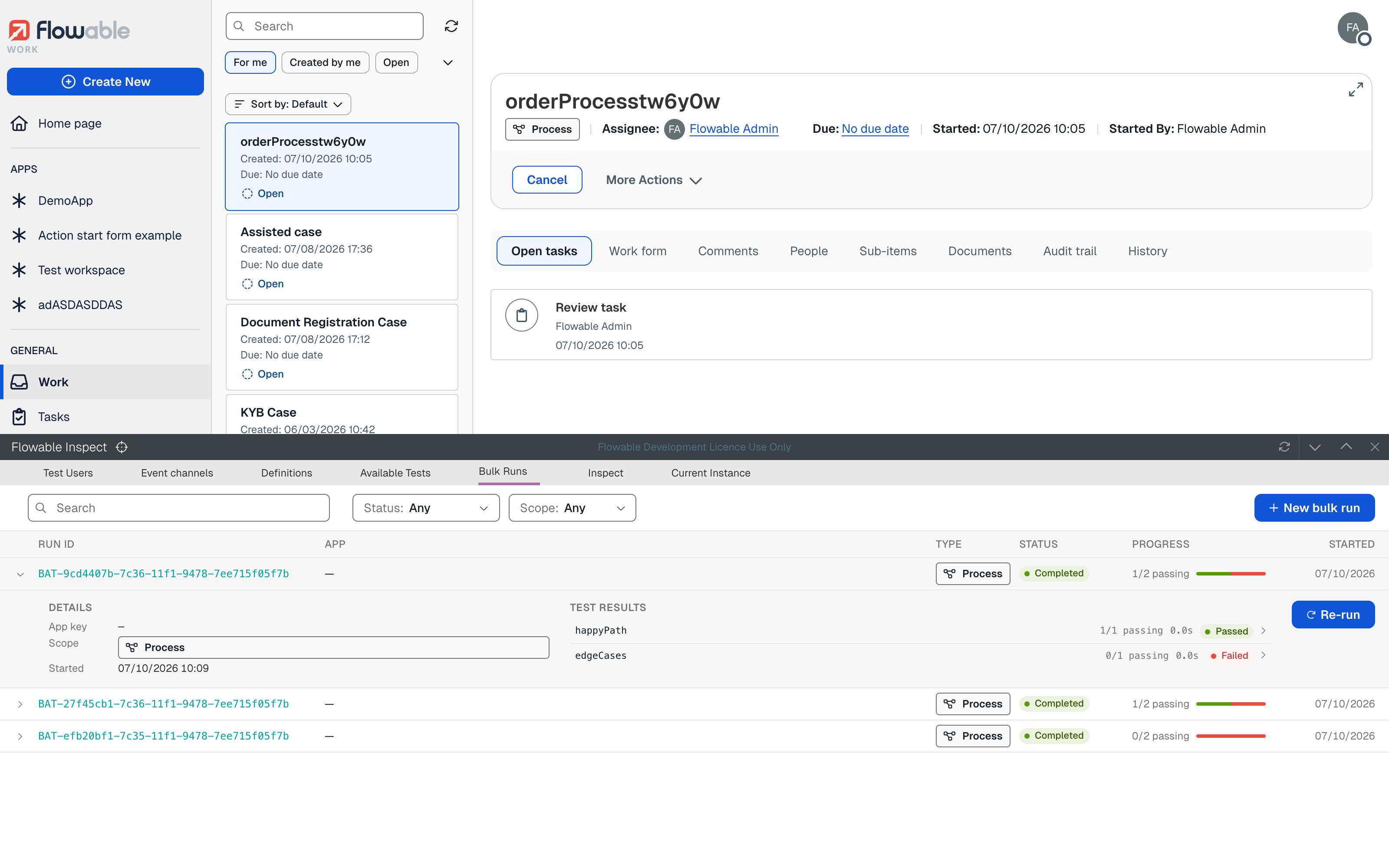 Bulk test run results in Flowable Inspect