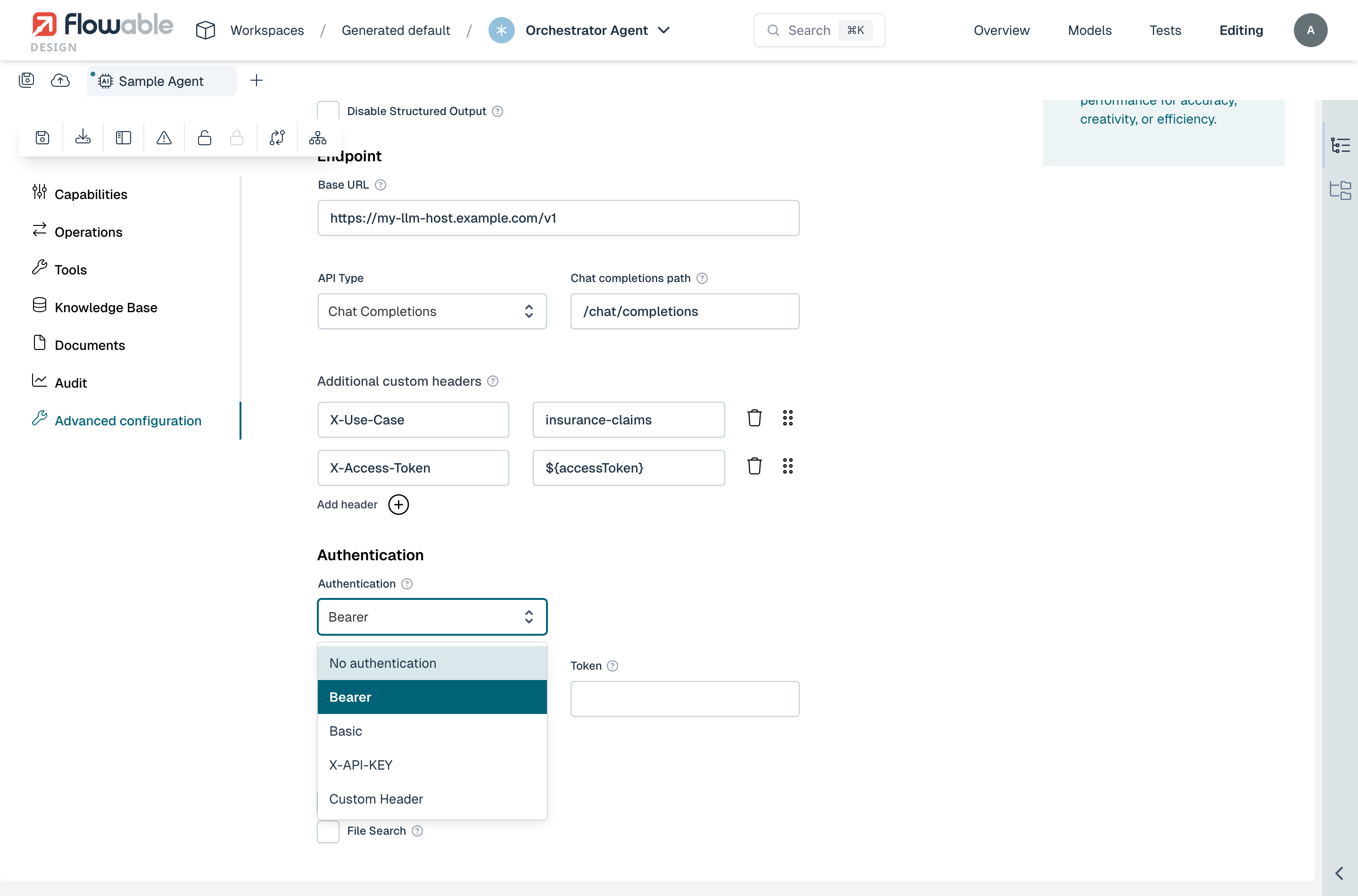 Authentication picker in the model settings