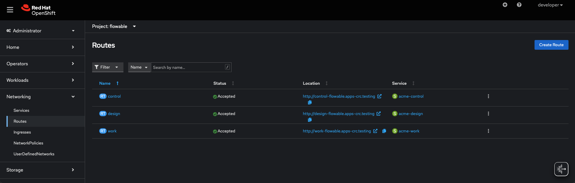 Openshift Console Routes