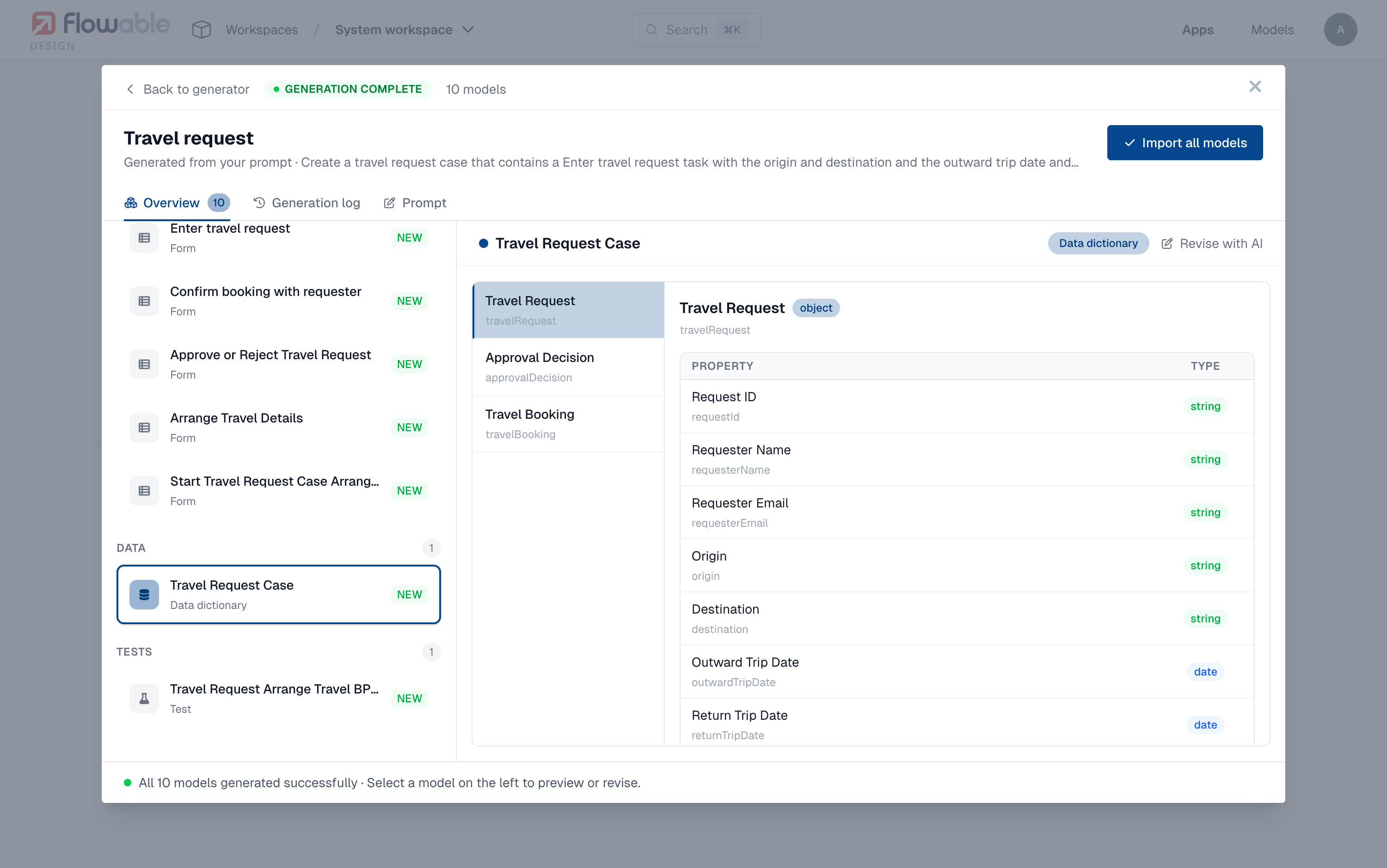 The structured preview of the generated data dictionary