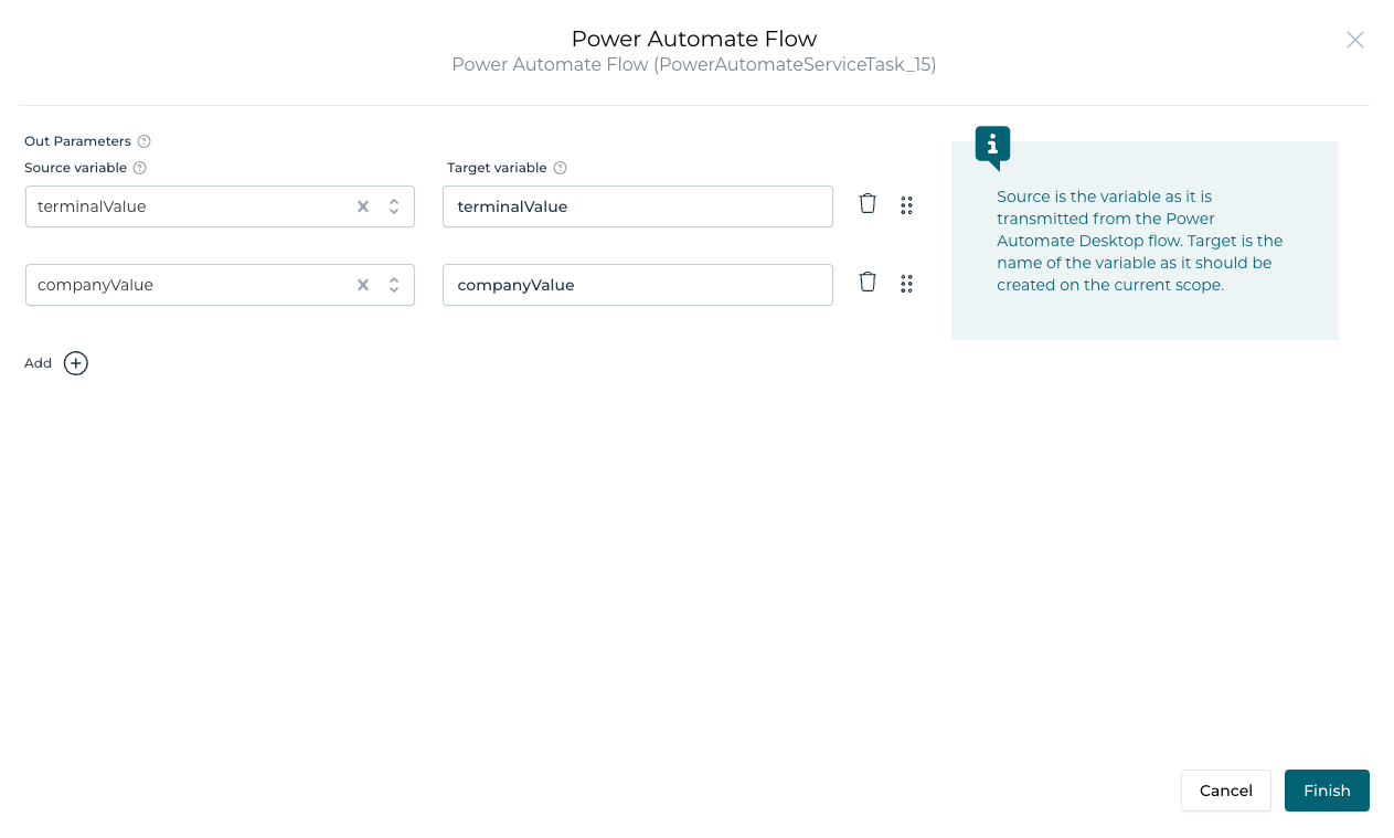 List of the output parameters for the Power Automate Task