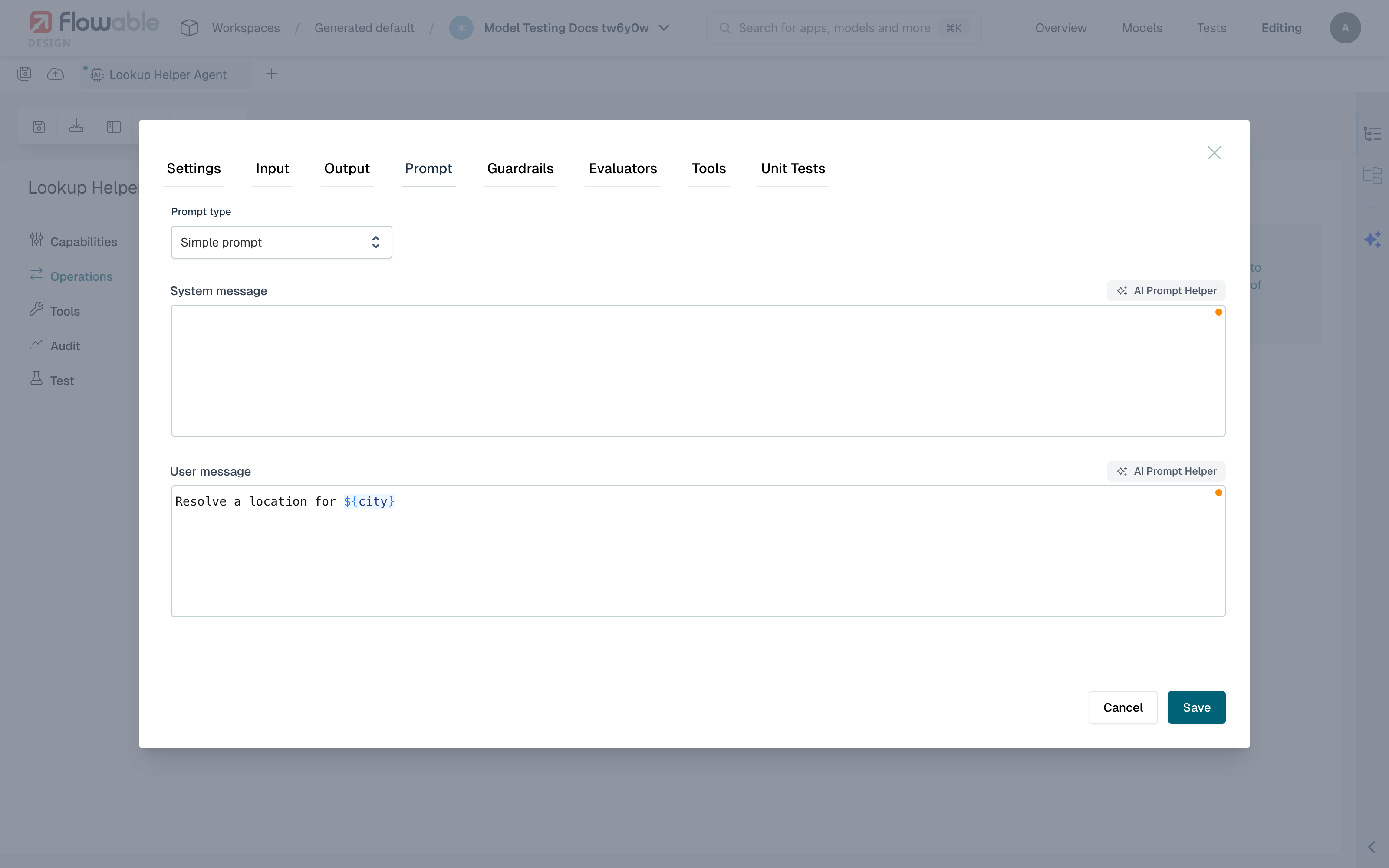 The AI Prompt Helper buttons on the system and user message of a simple prompt