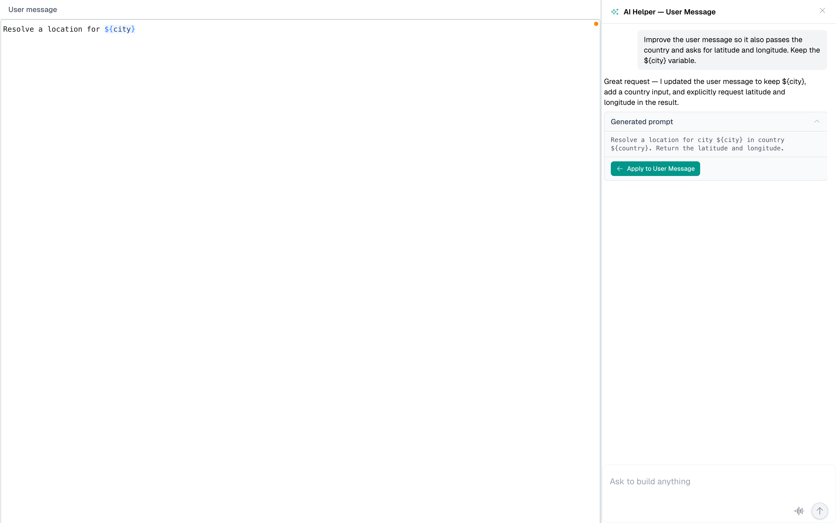 The AI Prompt Helper drafting a user message