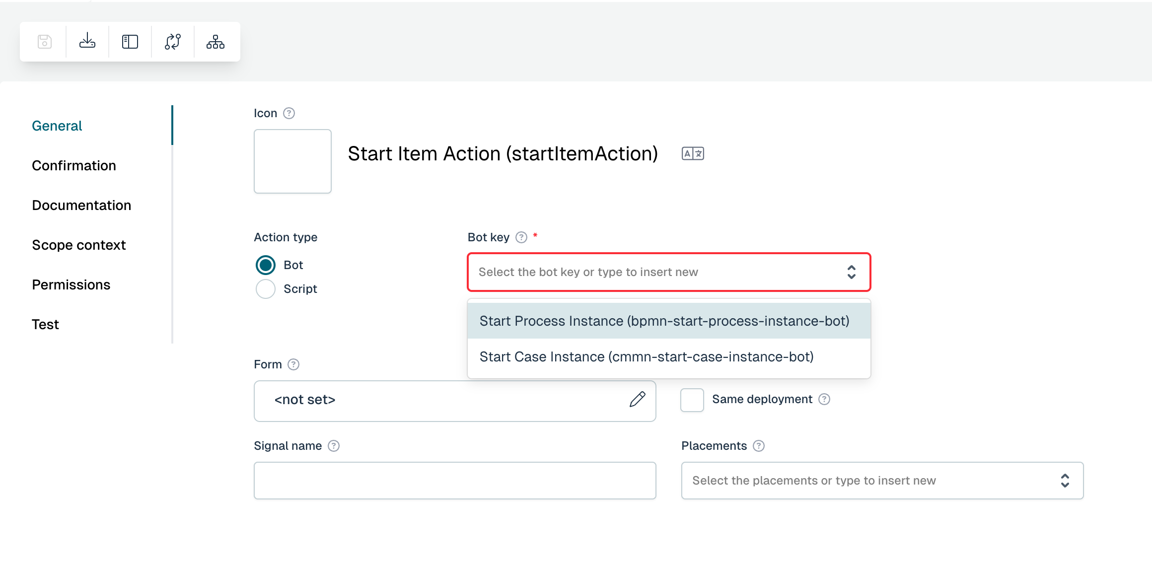 Selecting a bot key for a bot-based action