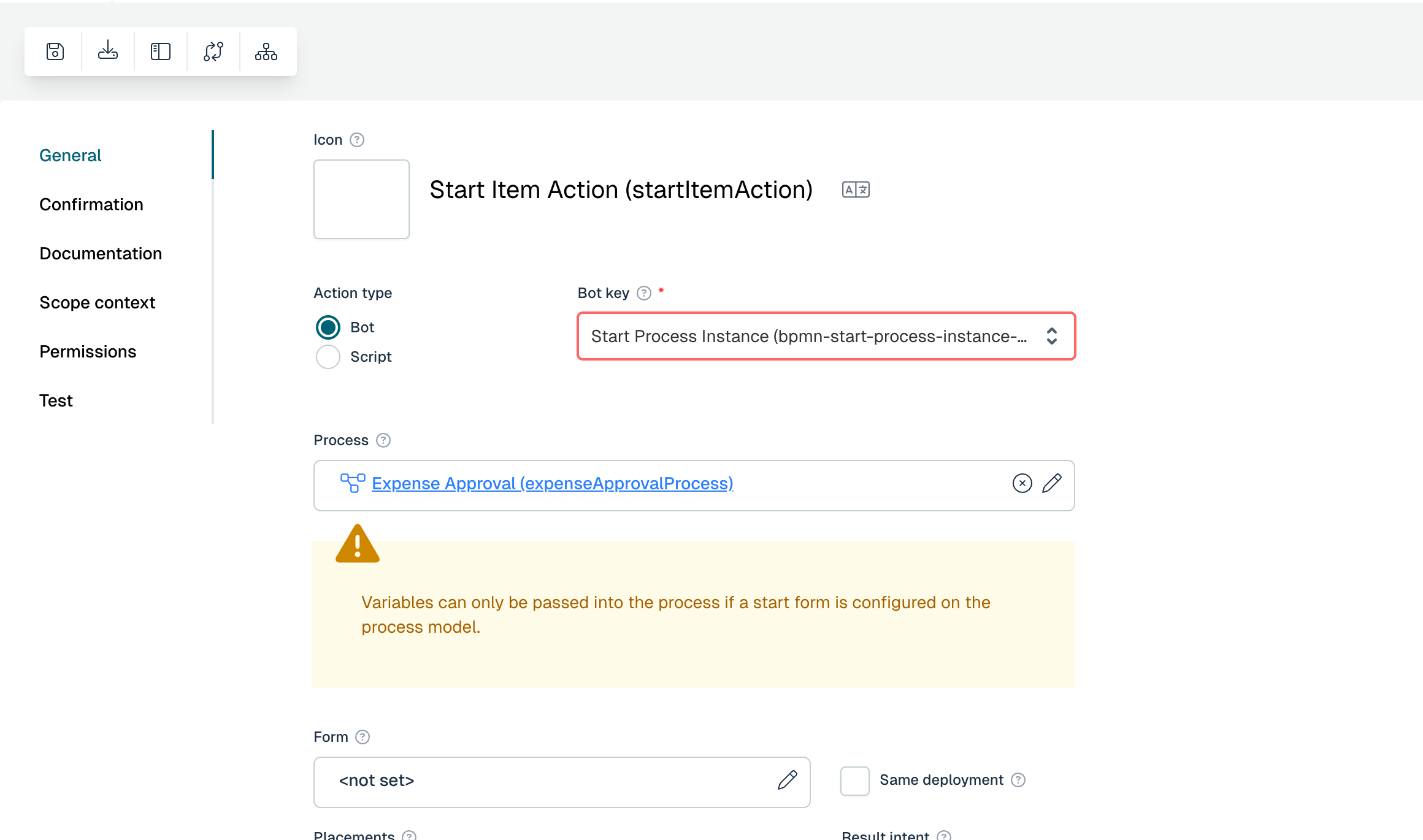 A start-process action using the bpmn-start-process-instance-bot
