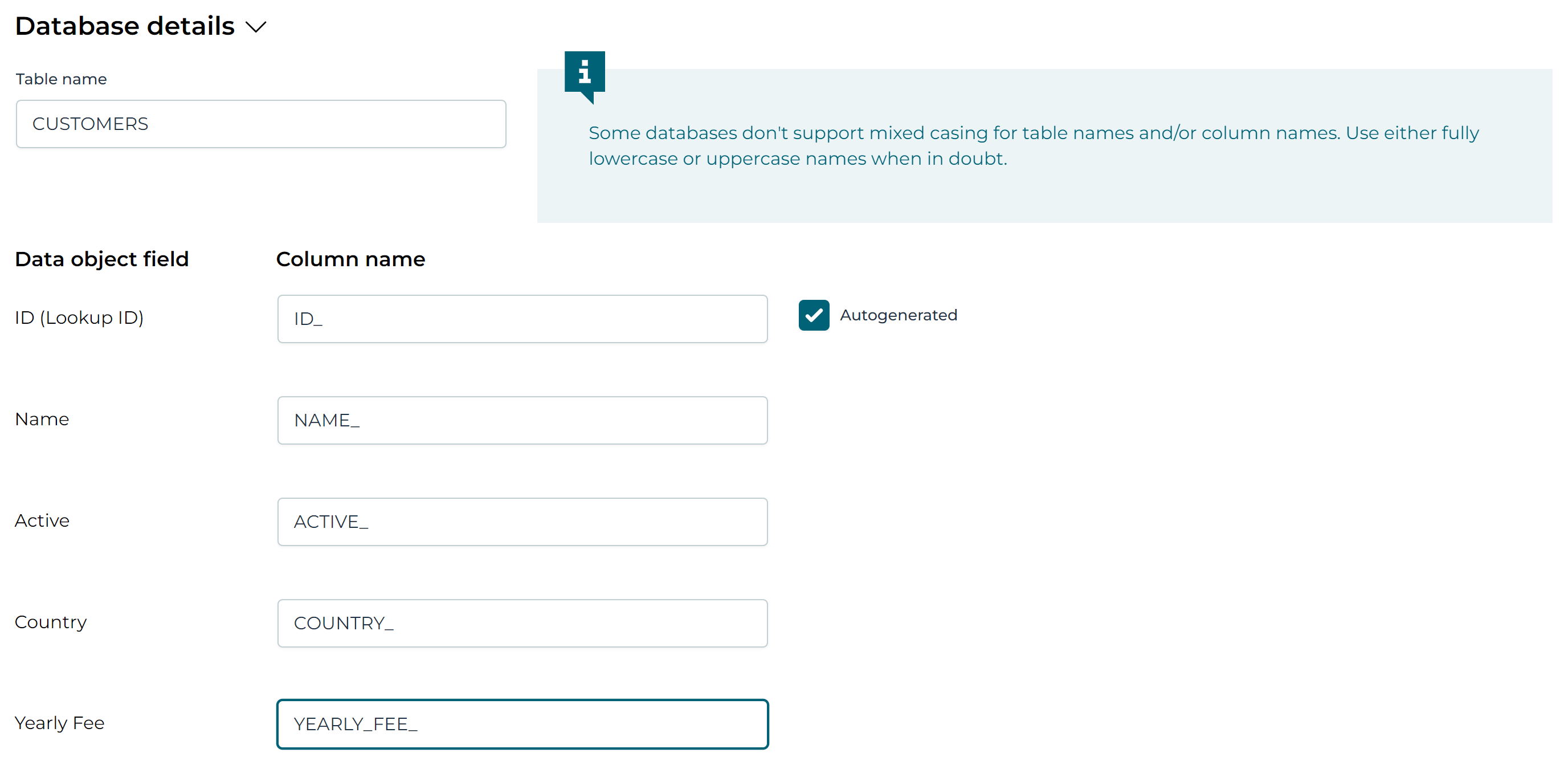 Data object database column mapping