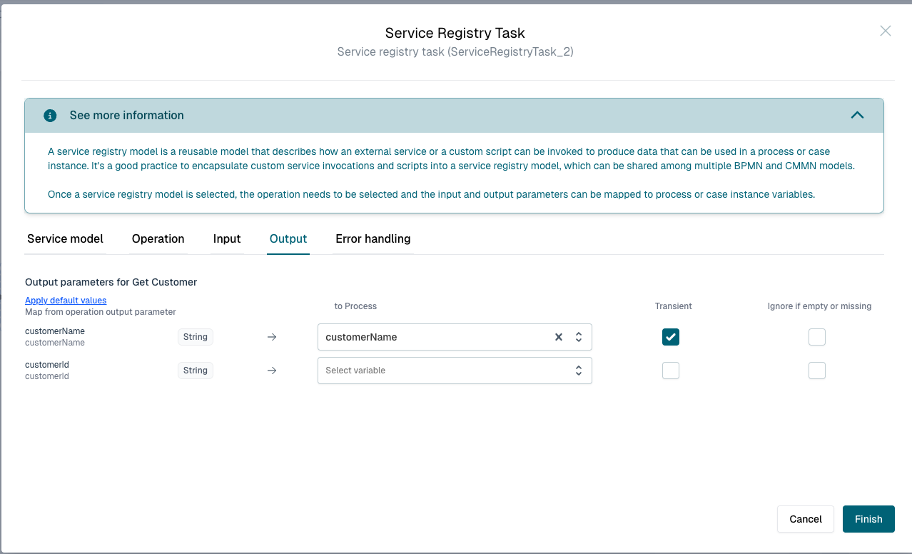 Transient column on a service registry task output parameter