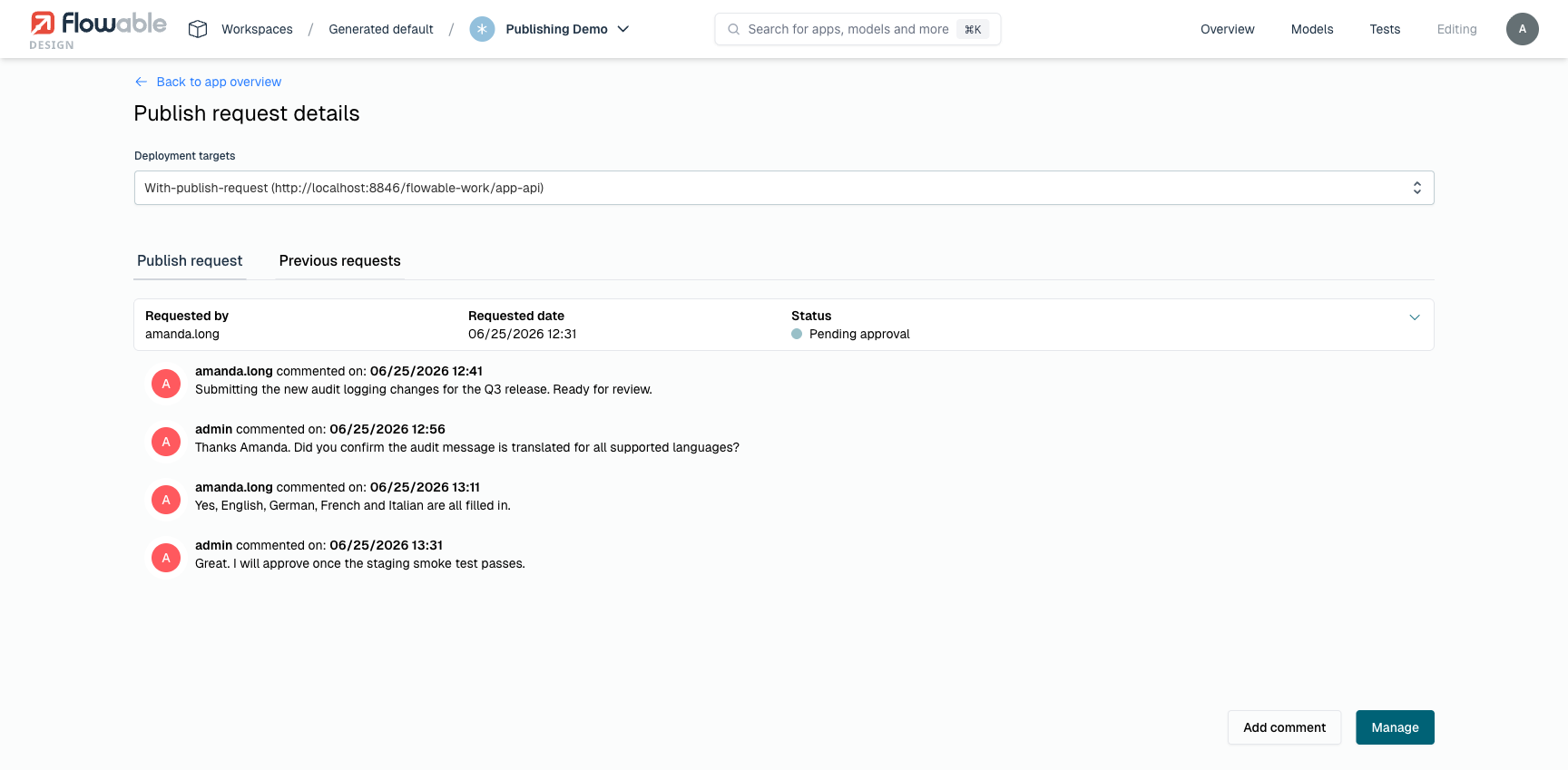 Pending publish request with its comment conversation