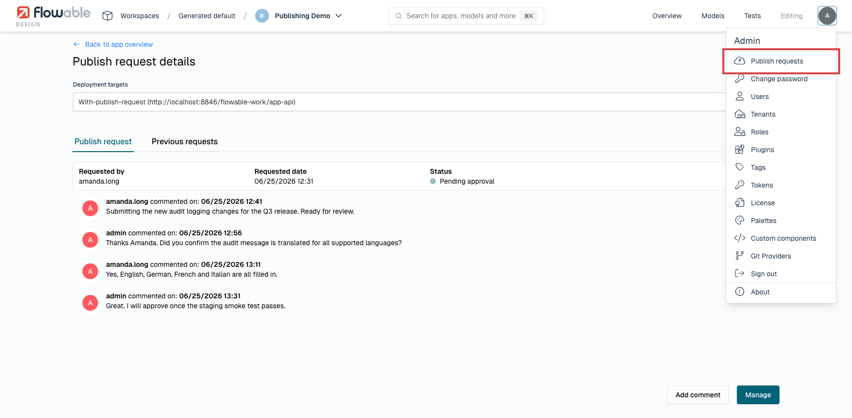 Publish requests entry in the profile menu