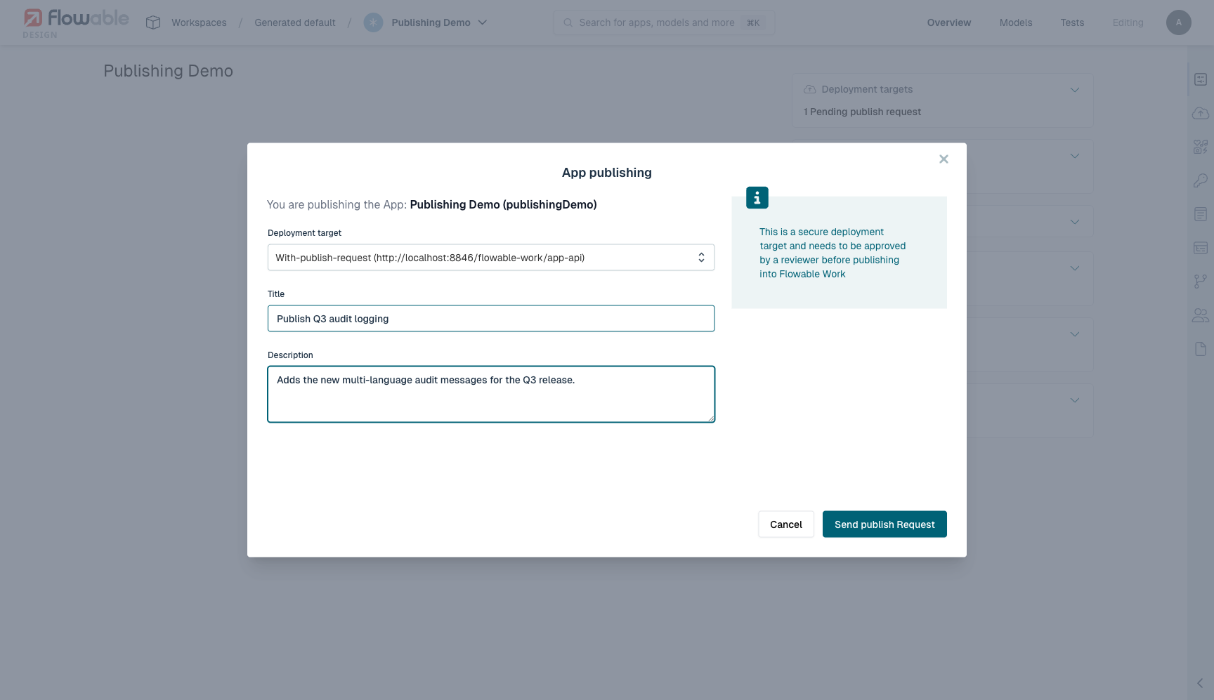 Publish dialog for a target that requires a publish request