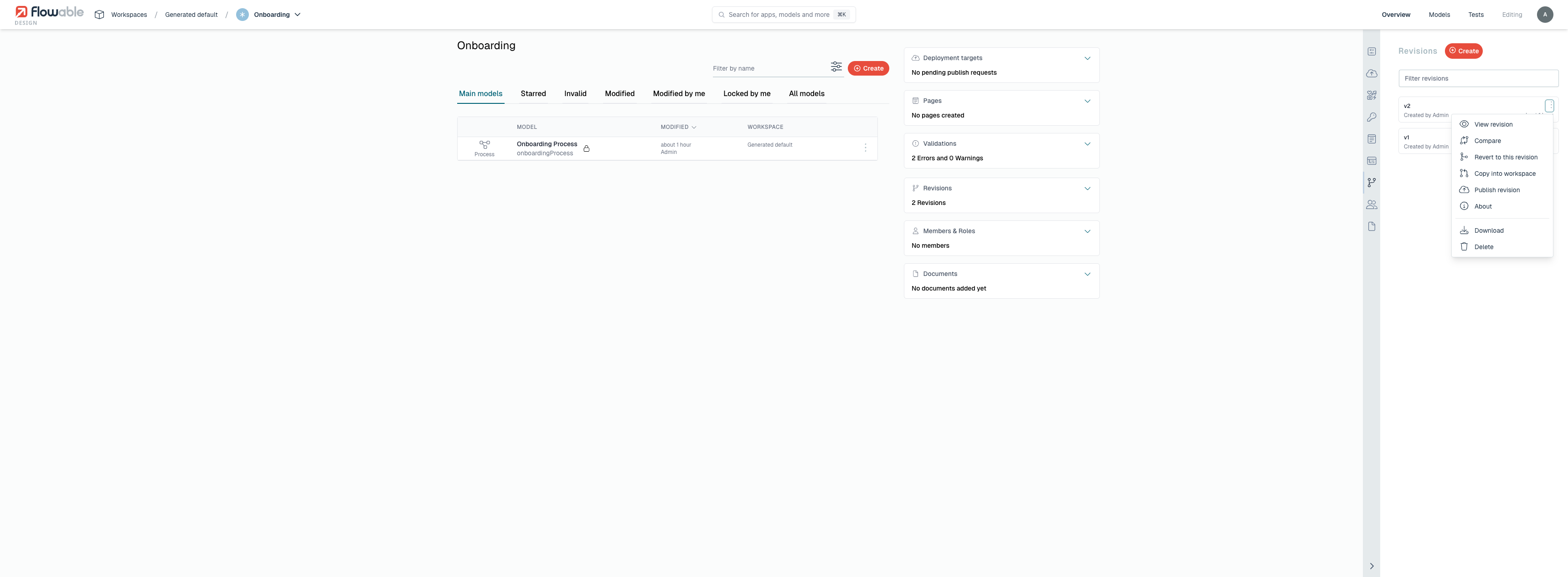 Revision actions menu