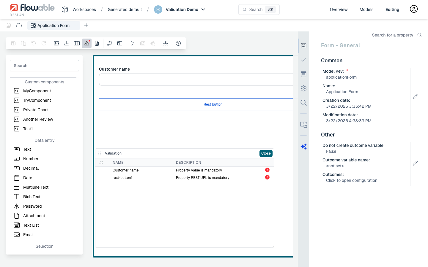 Form editor with validation